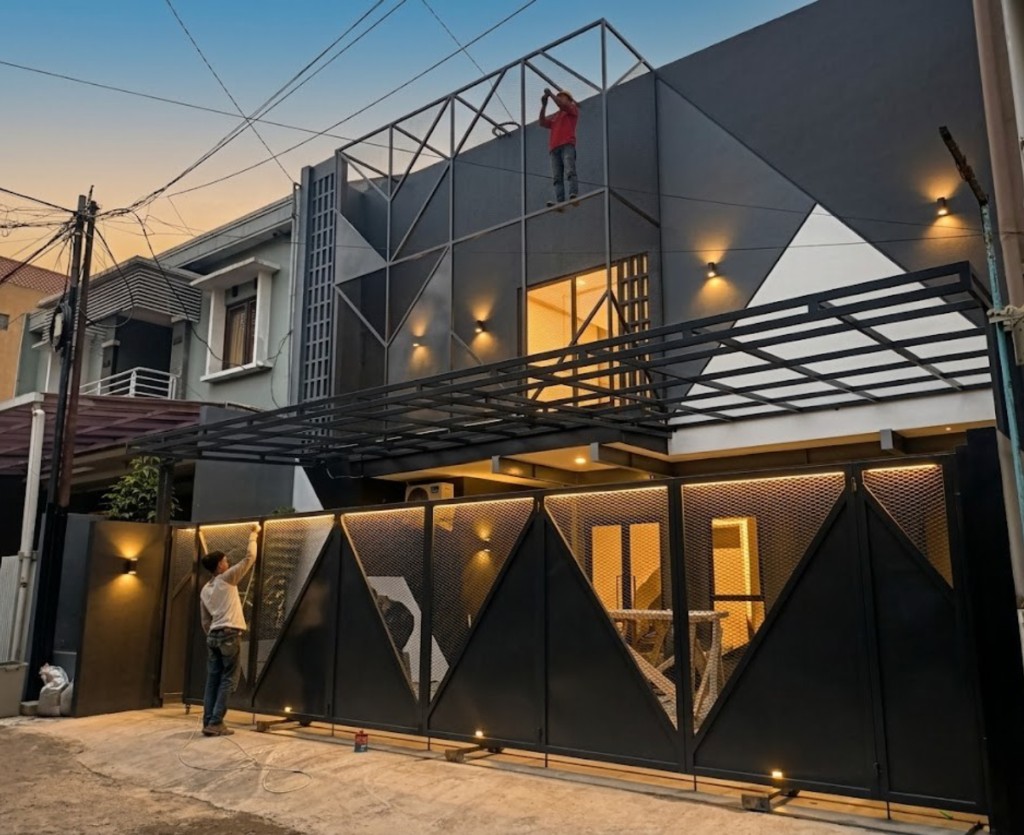 Fasad rumah modern malam hari